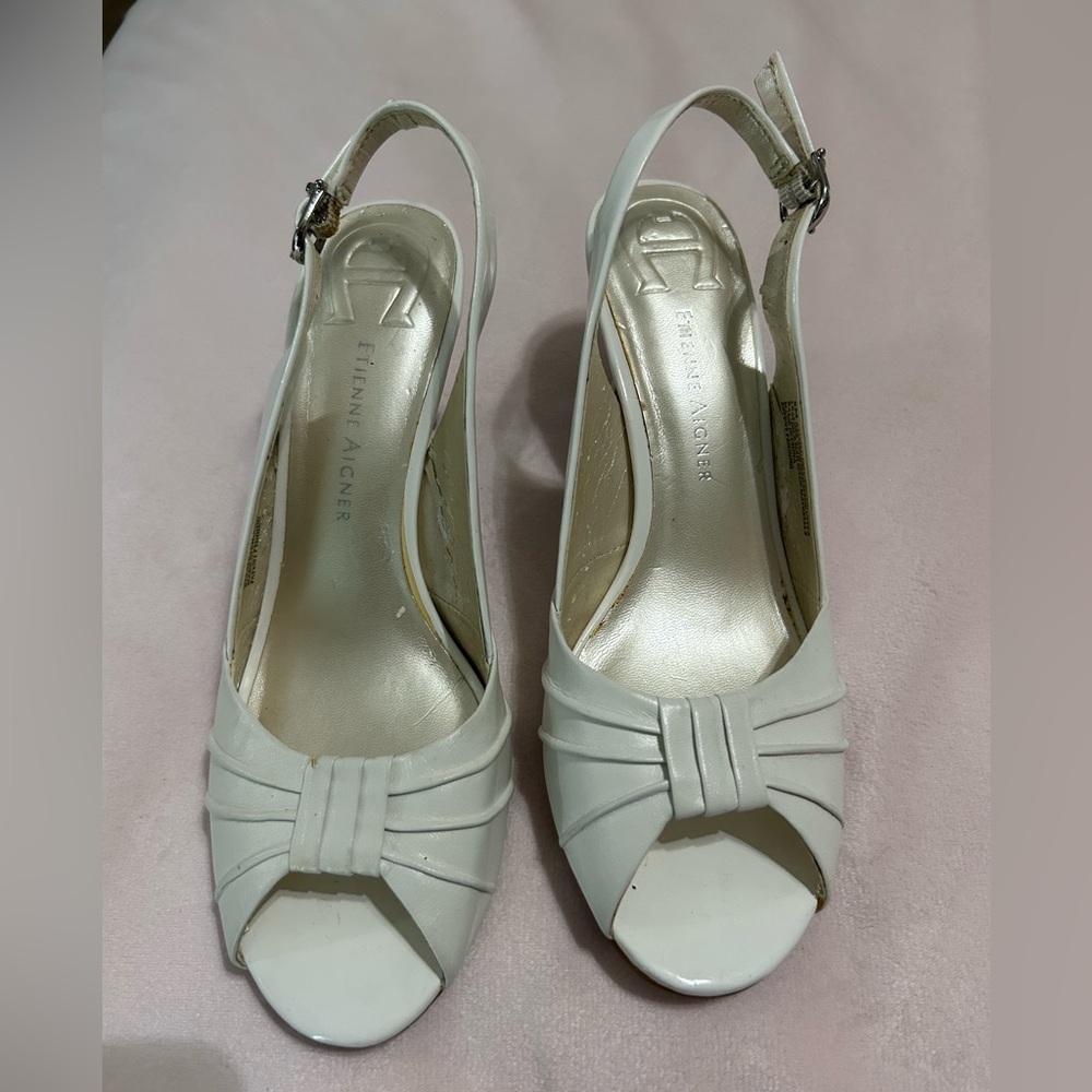 White Peep-Toe Aigner Slingback Heels